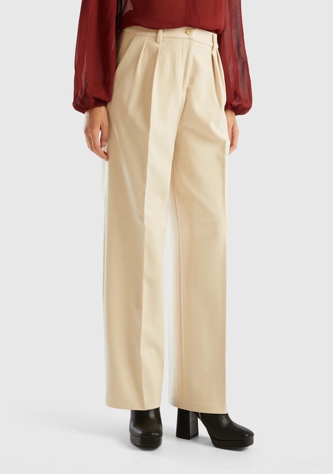  Kadın Bej Poliviskoz Bol Paça Pileli Pantolon