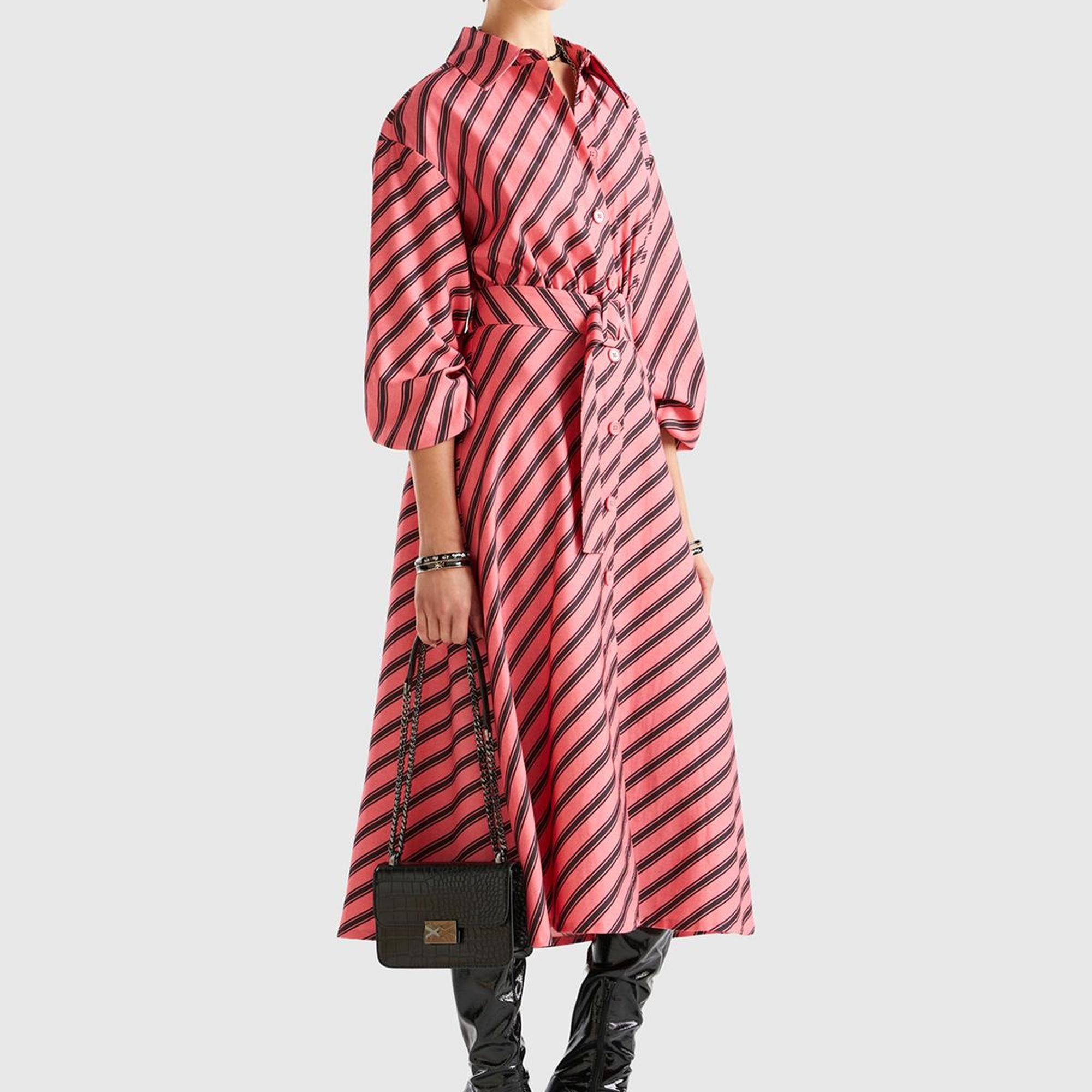 Kadın Pembe Mix Viskoz Çapraz Çizgili Gömlek Yaka Önü Düğmeli Elbise