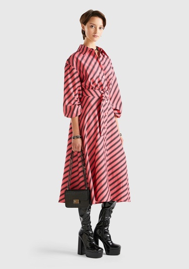  Kadın Pembe Mix Viskoz Çapraz Çizgili Gömlek Yaka Önü Düğmeli Elbise