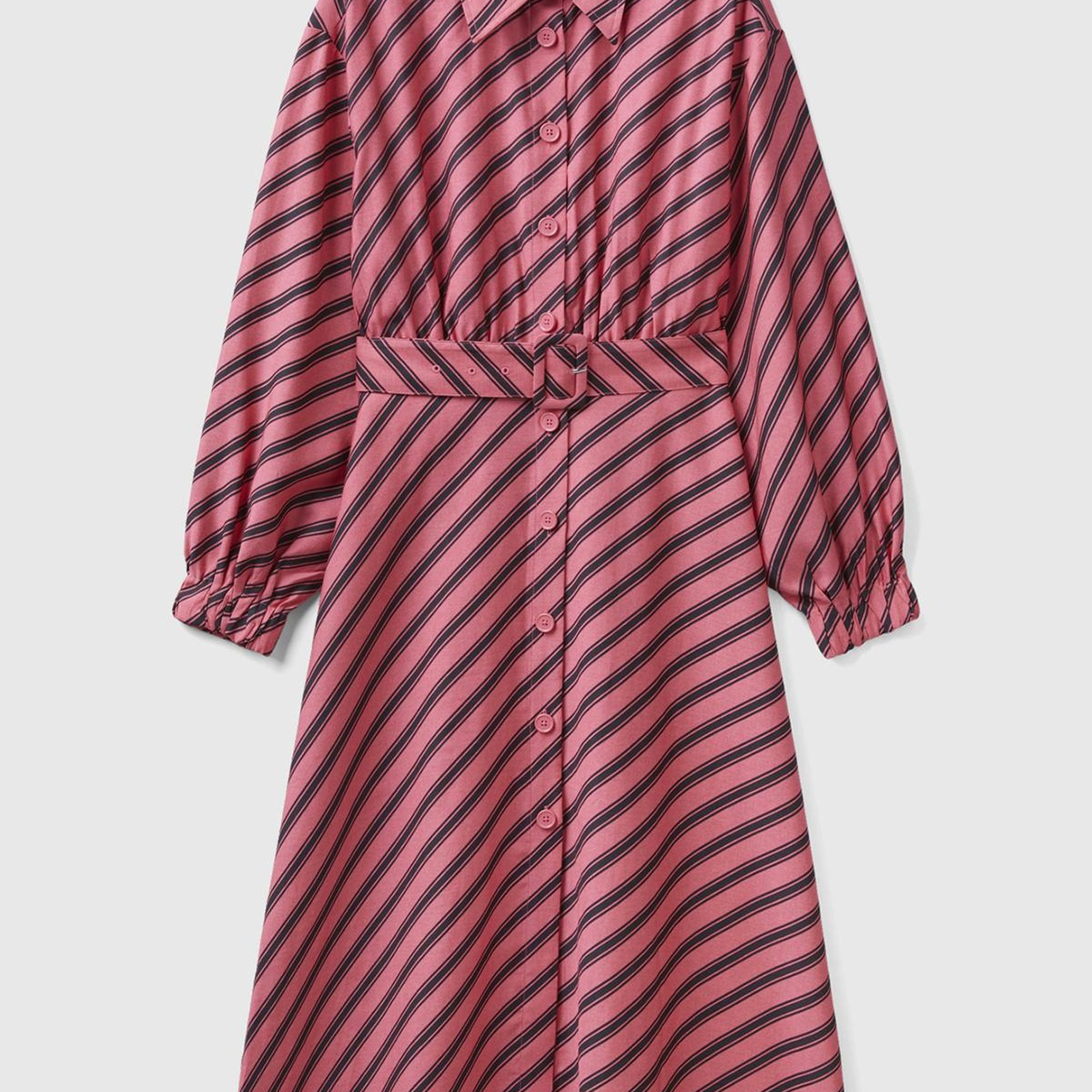 Kadın Pembe Mix Viskoz Çapraz Çizgili Gömlek Yaka Önü Düğmeli Elbise