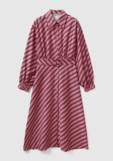  Kadın Pembe Mix Viskoz Çapraz Çizgili Gömlek Yaka Önü Düğmeli Elbise