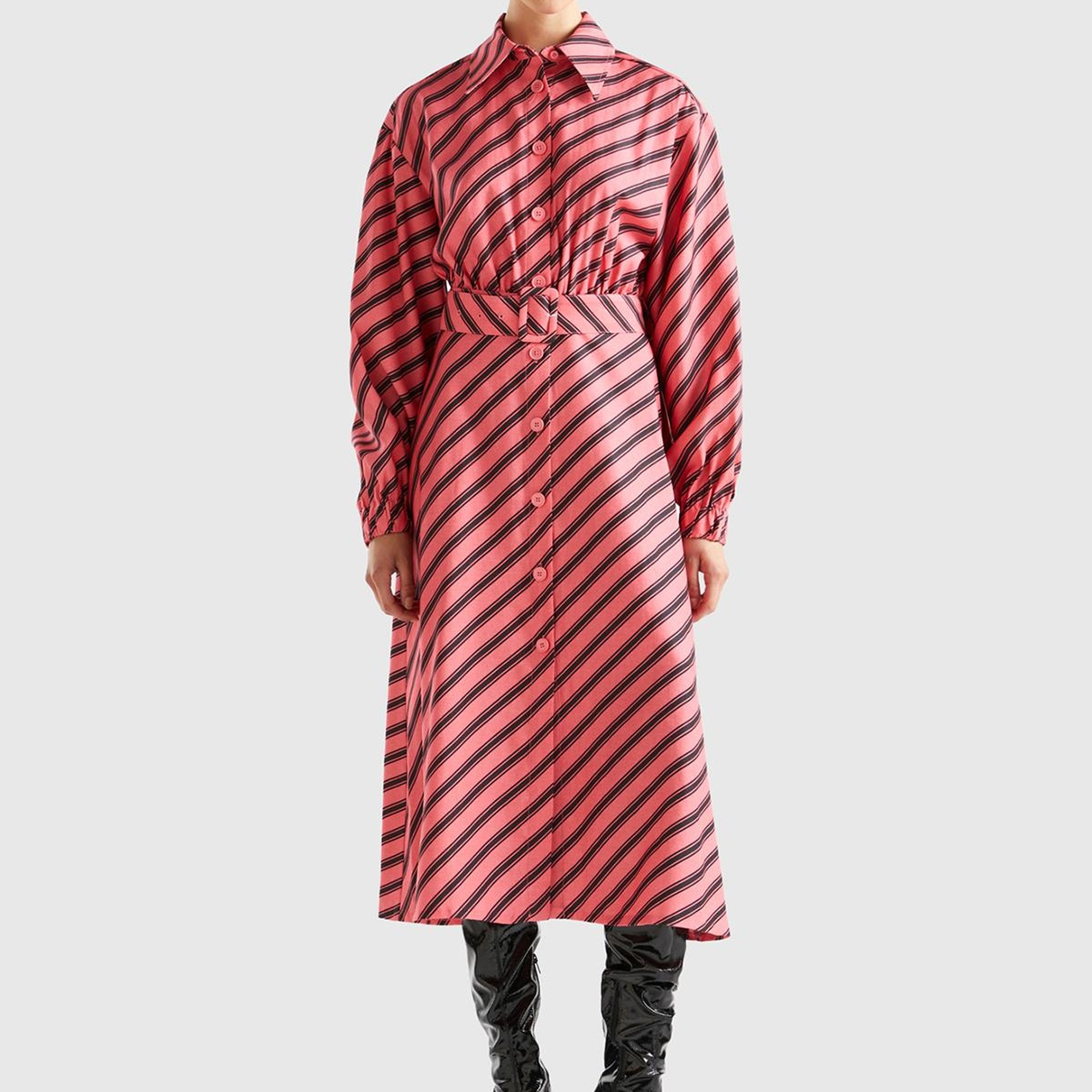 Kadın Pembe Mix Viskoz Çapraz Çizgili Gömlek Yaka Önü Düğmeli Elbise