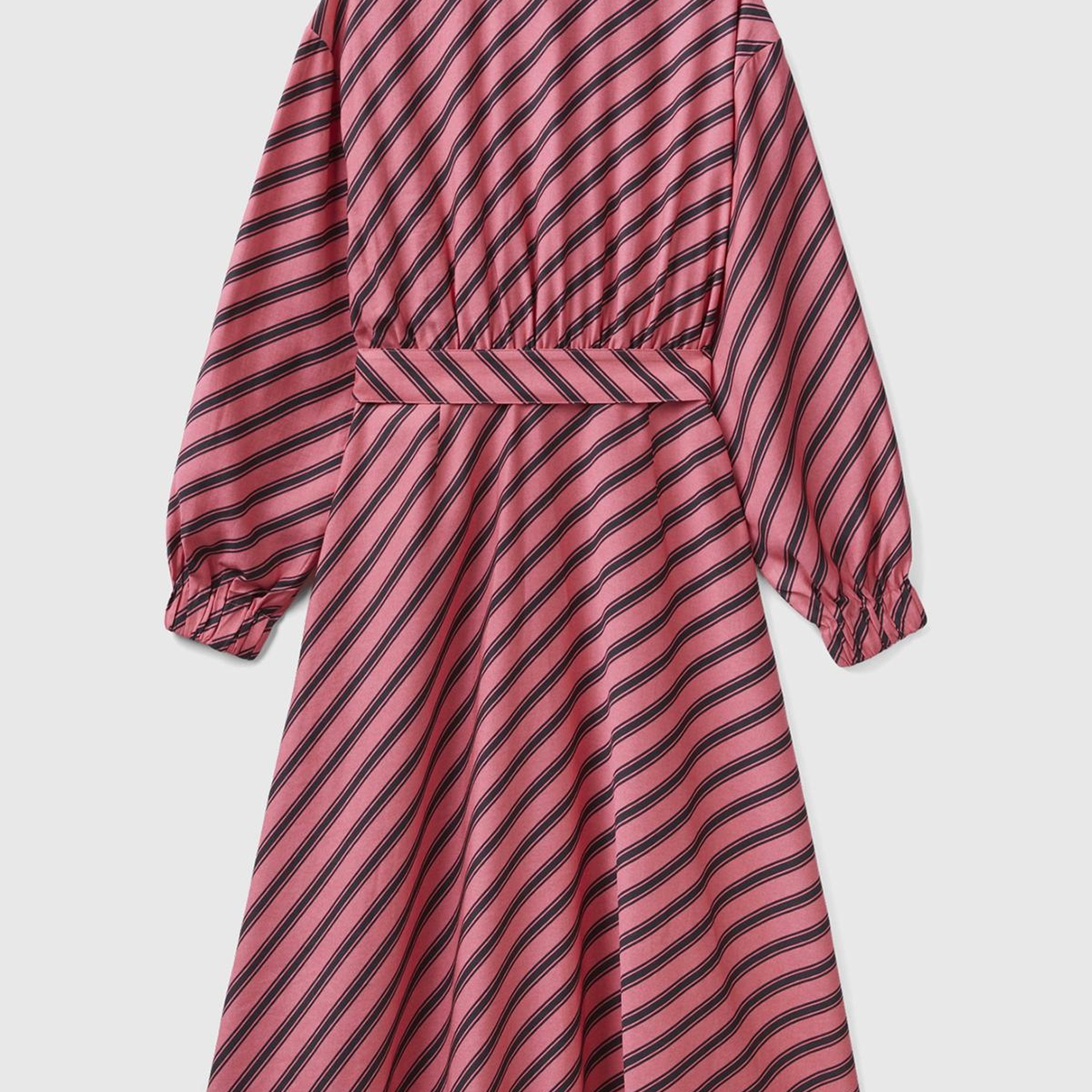 Kadın Pembe Mix Viskoz Çapraz Çizgili Gömlek Yaka Önü Düğmeli Elbise