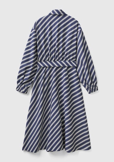 Kadın Lacivert Viskoz Çapraz Çizgili Gömlek Yaka Önü Düğmeli Elbise