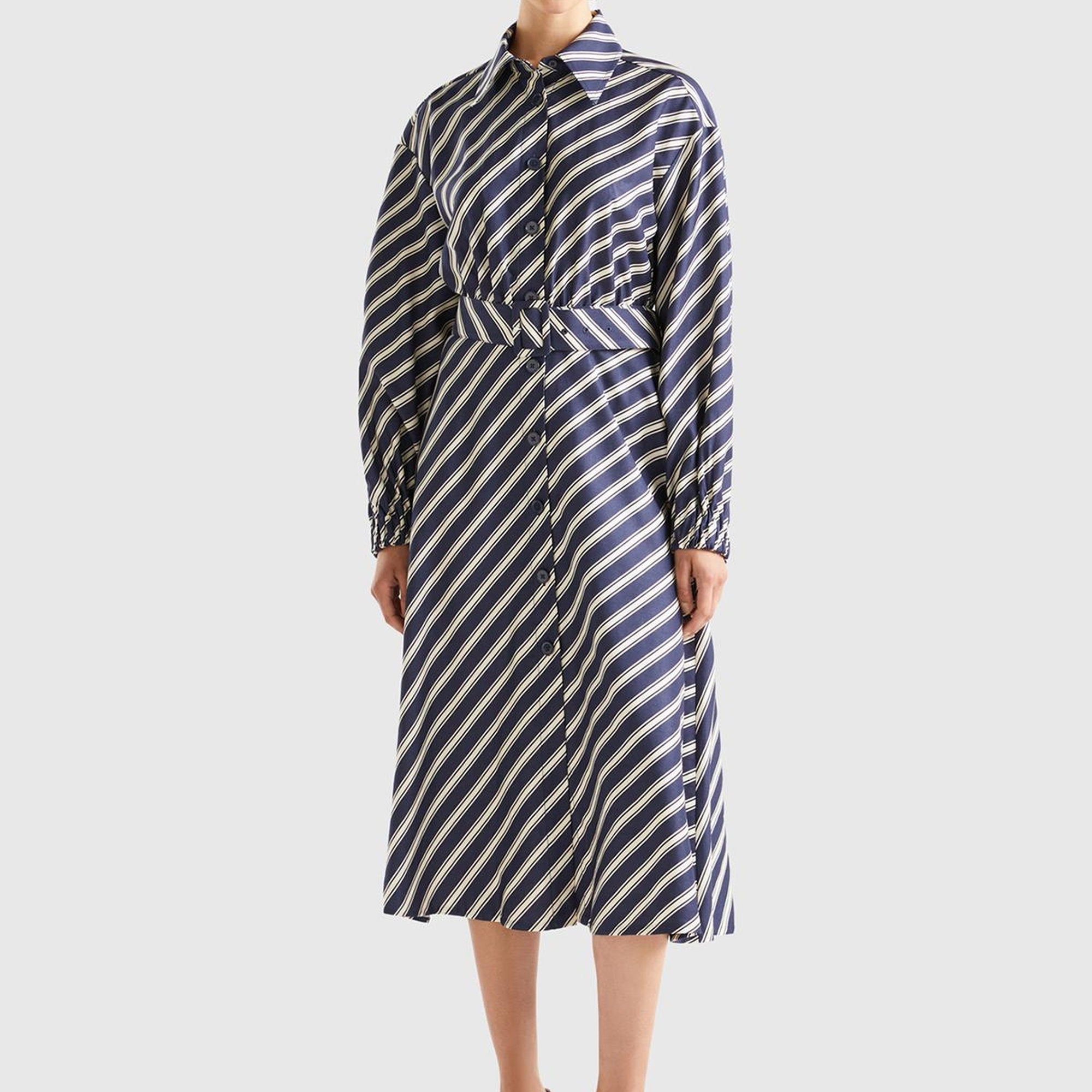 Kadın Lacivert Viskoz Çapraz Çizgili Gömlek Yaka Önü Düğmeli Elbise
