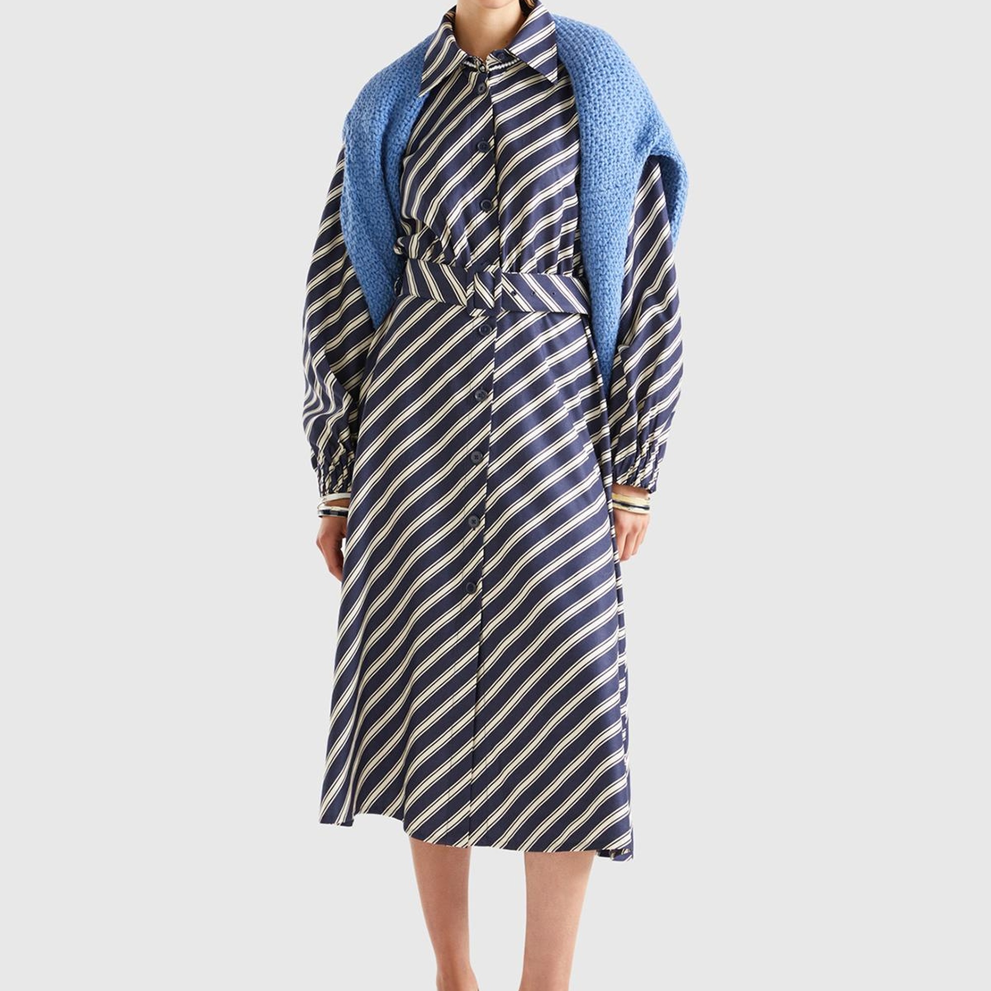 Kadın Lacivert Viskoz Çapraz Çizgili Gömlek Yaka Önü Düğmeli Elbise