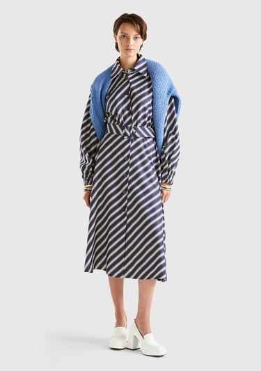  Kadın Lacivert Viskoz Çapraz Çizgili Gömlek Yaka Önü Düğmeli Elbise