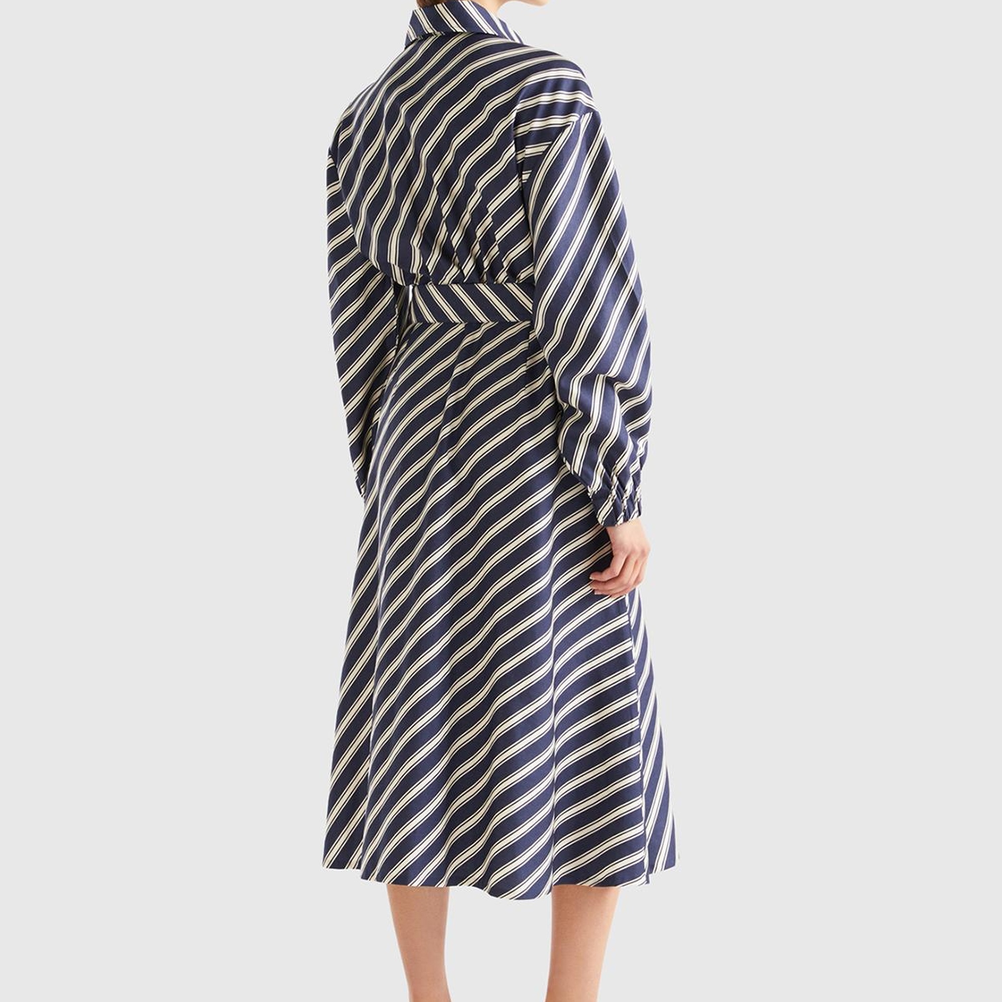 Kadın Lacivert Viskoz Çapraz Çizgili Gömlek Yaka Önü Düğmeli Elbise