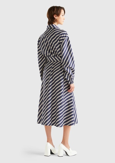  Kadın Lacivert Viskoz Çapraz Çizgili Gömlek Yaka Önü Düğmeli Elbise