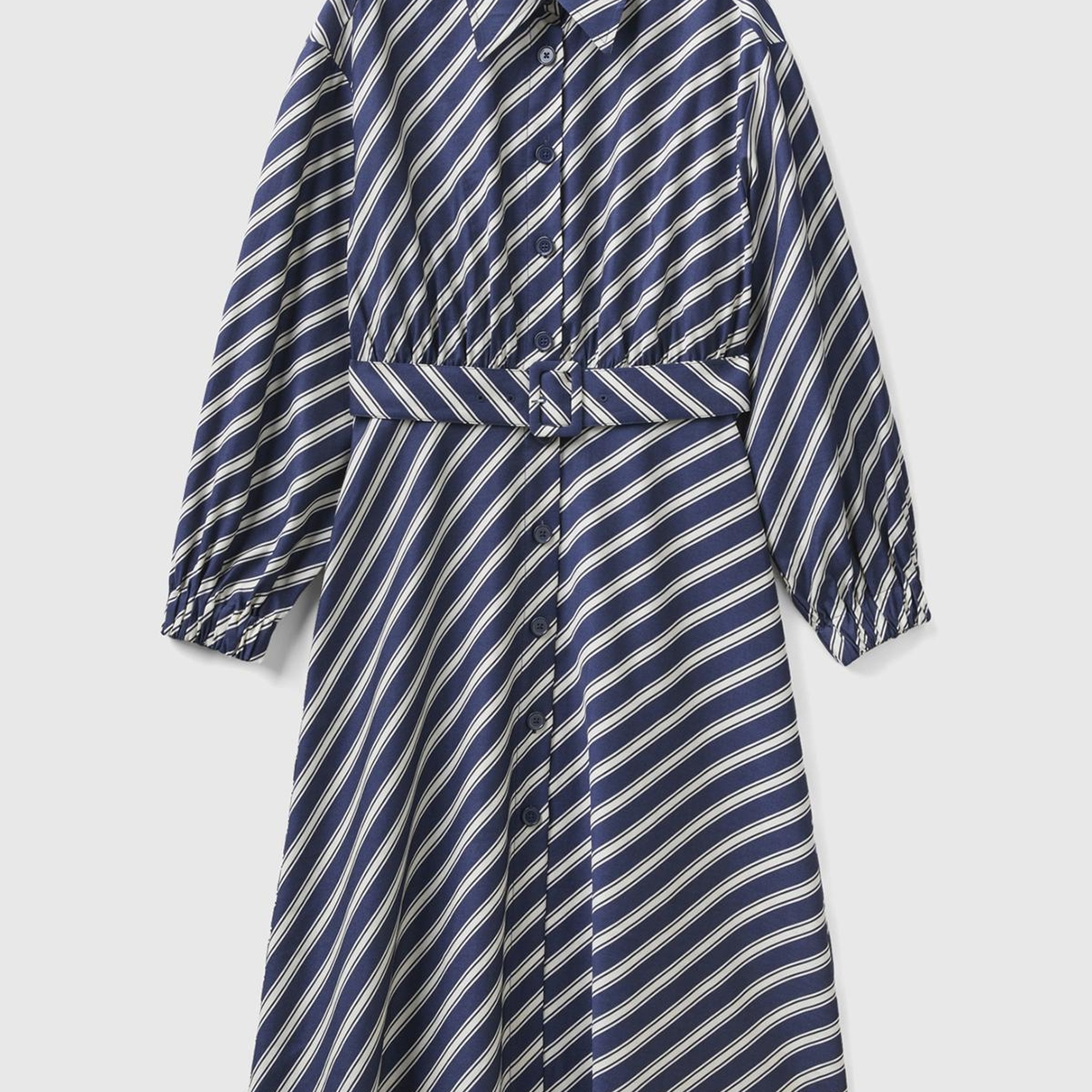 Kadın Lacivert Viskoz Çapraz Çizgili Gömlek Yaka Önü Düğmeli Elbise