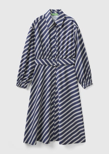  Kadın Lacivert Viskoz Çapraz Çizgili Gömlek Yaka Önü Düğmeli Elbise