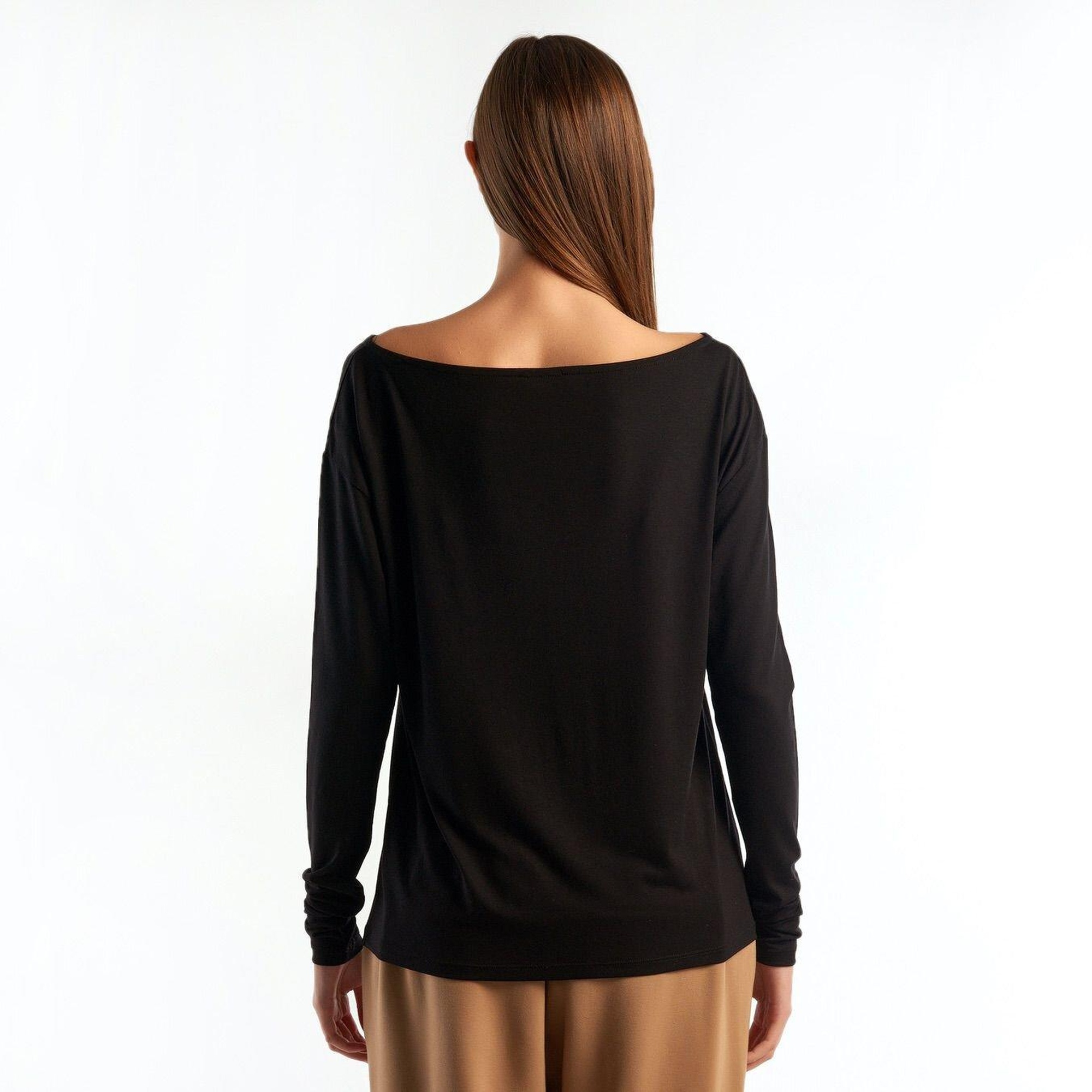Kadın Siyah Uzun Kollu Geniş Yaka Viskos Karışımlı Tshirt
