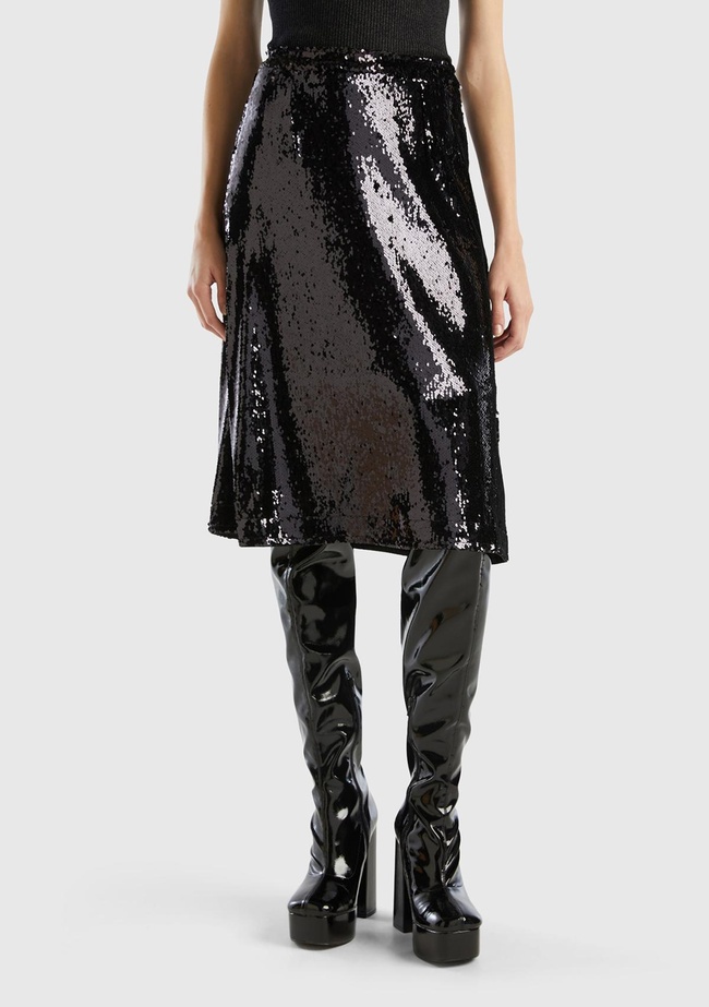  Kadın Siyah Yandan Fermuarlı Astarlı Payetli Midi Boy Etek