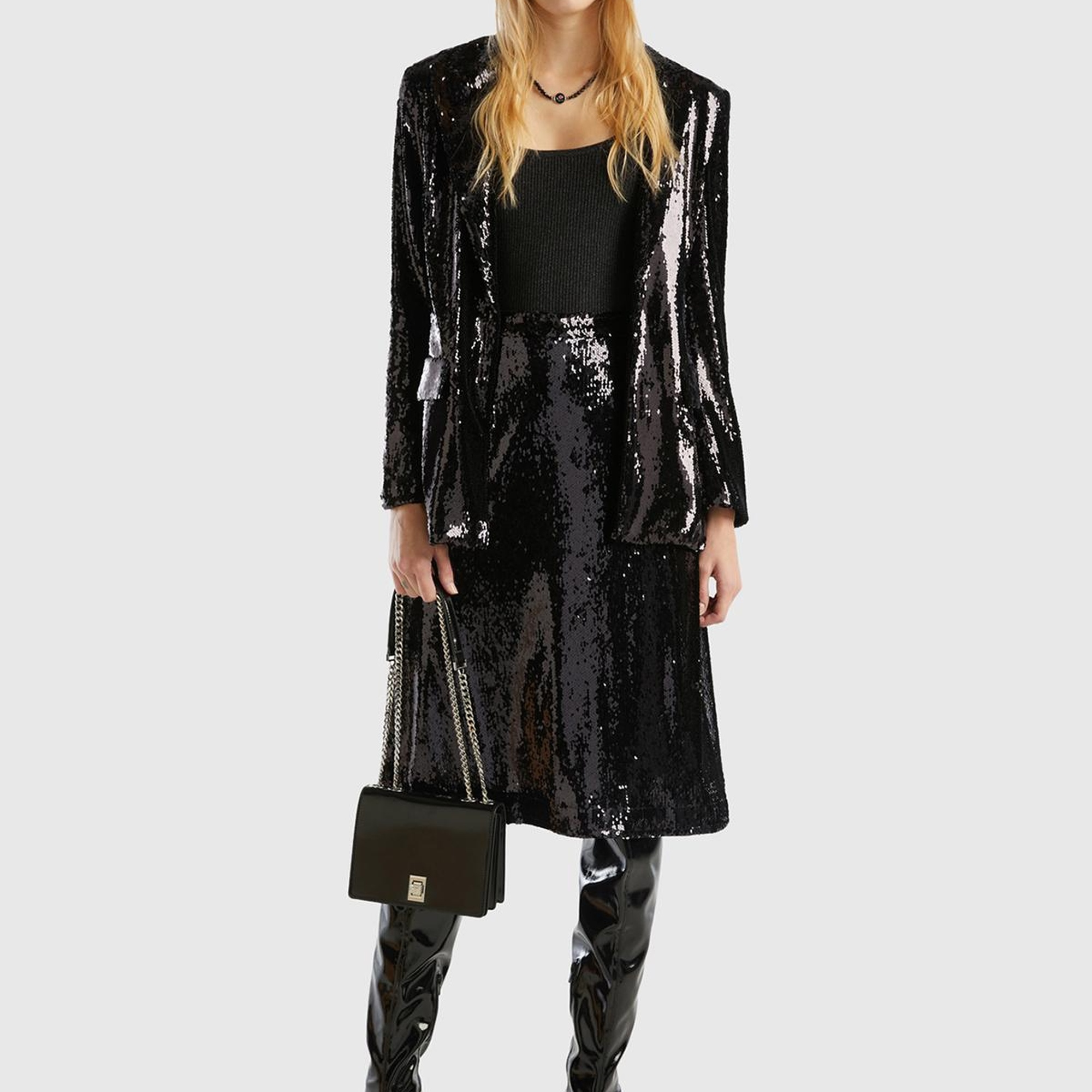 Kadın Siyah Yandan Fermuarlı Astarlı Payetli Midi Boy Etek