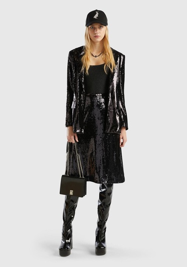  Kadın Siyah Yandan Fermuarlı Astarlı Payetli Midi Boy Etek