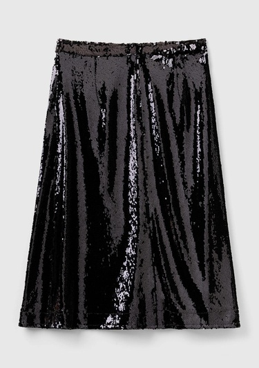  Kadın Siyah Yandan Fermuarlı Astarlı Payetli Midi Boy Etek