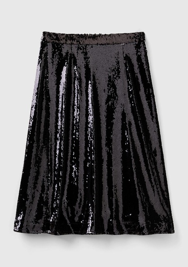  Kadın Siyah Yandan Fermuarlı Astarlı Payetli Midi Boy Etek