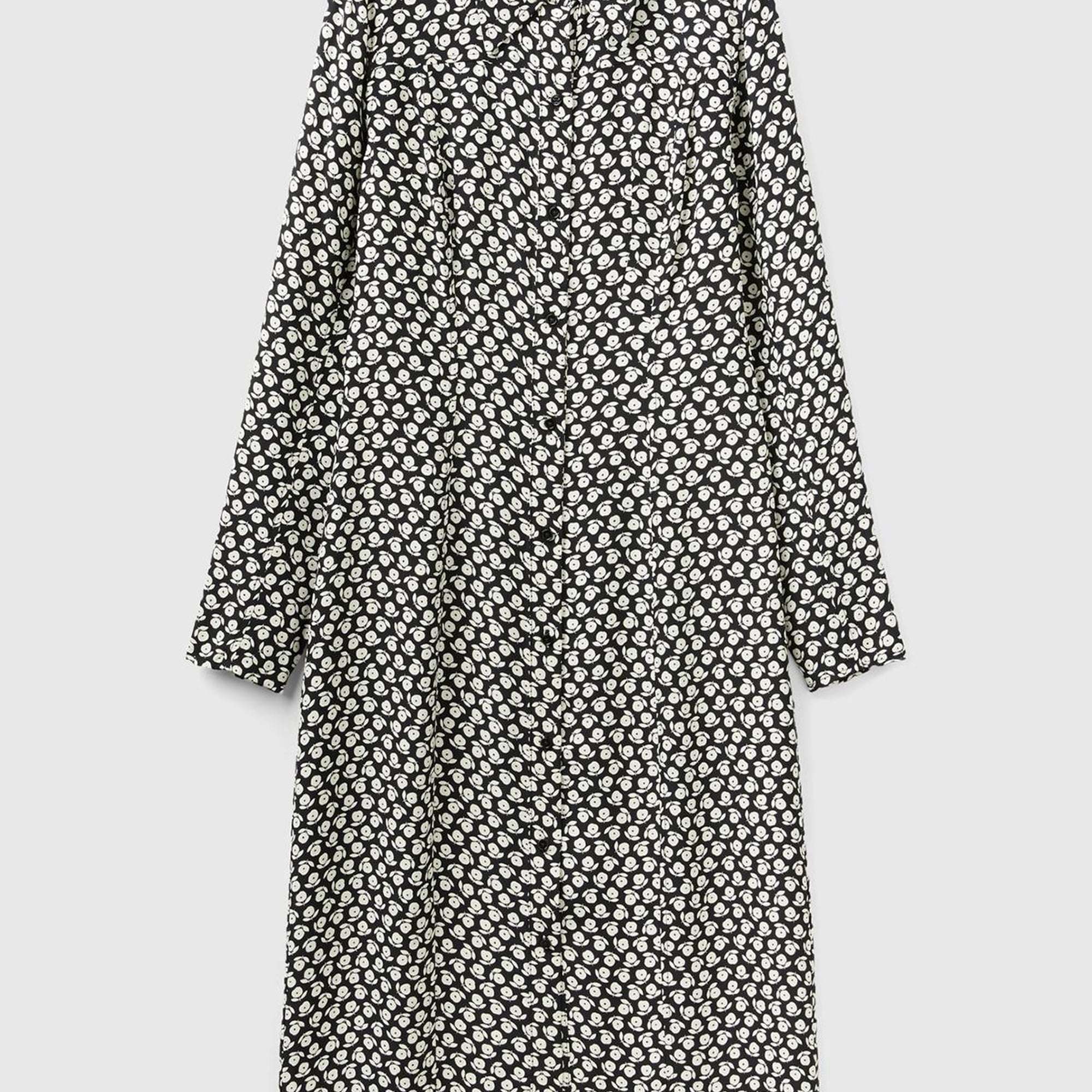 Kadın Lacivert %100 Viskoz Çiçek Desenli Gömlek Yaka Uzun Kollu Elbise