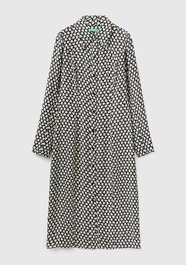  Kadın Lacivert %100 Viskoz Çiçek Desenli Gömlek Yaka Uzun Kollu Elbise