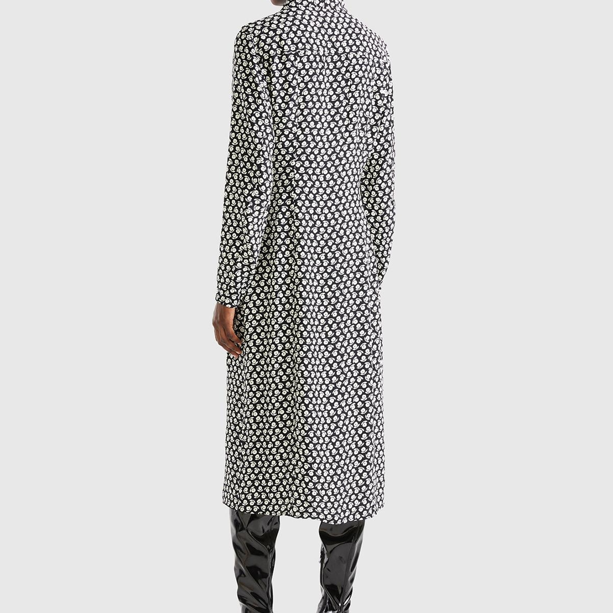 Kadın Lacivert %100 Viskoz Çiçek Desenli Gömlek Yaka Uzun Kollu Elbise