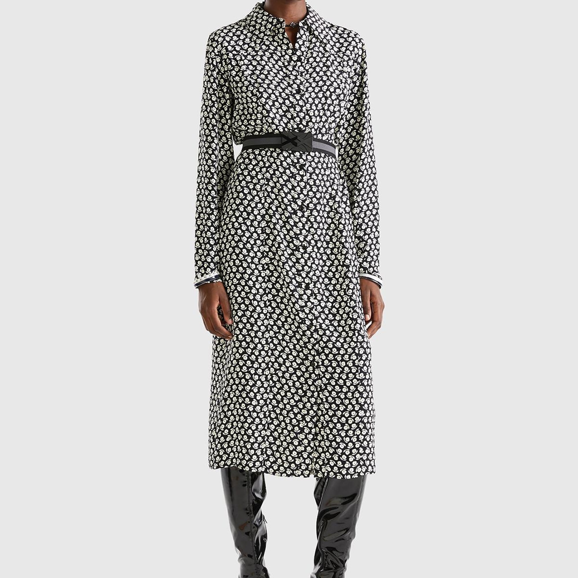 Kadın Lacivert %100 Viskoz Çiçek Desenli Gömlek Yaka Uzun Kollu Elbise