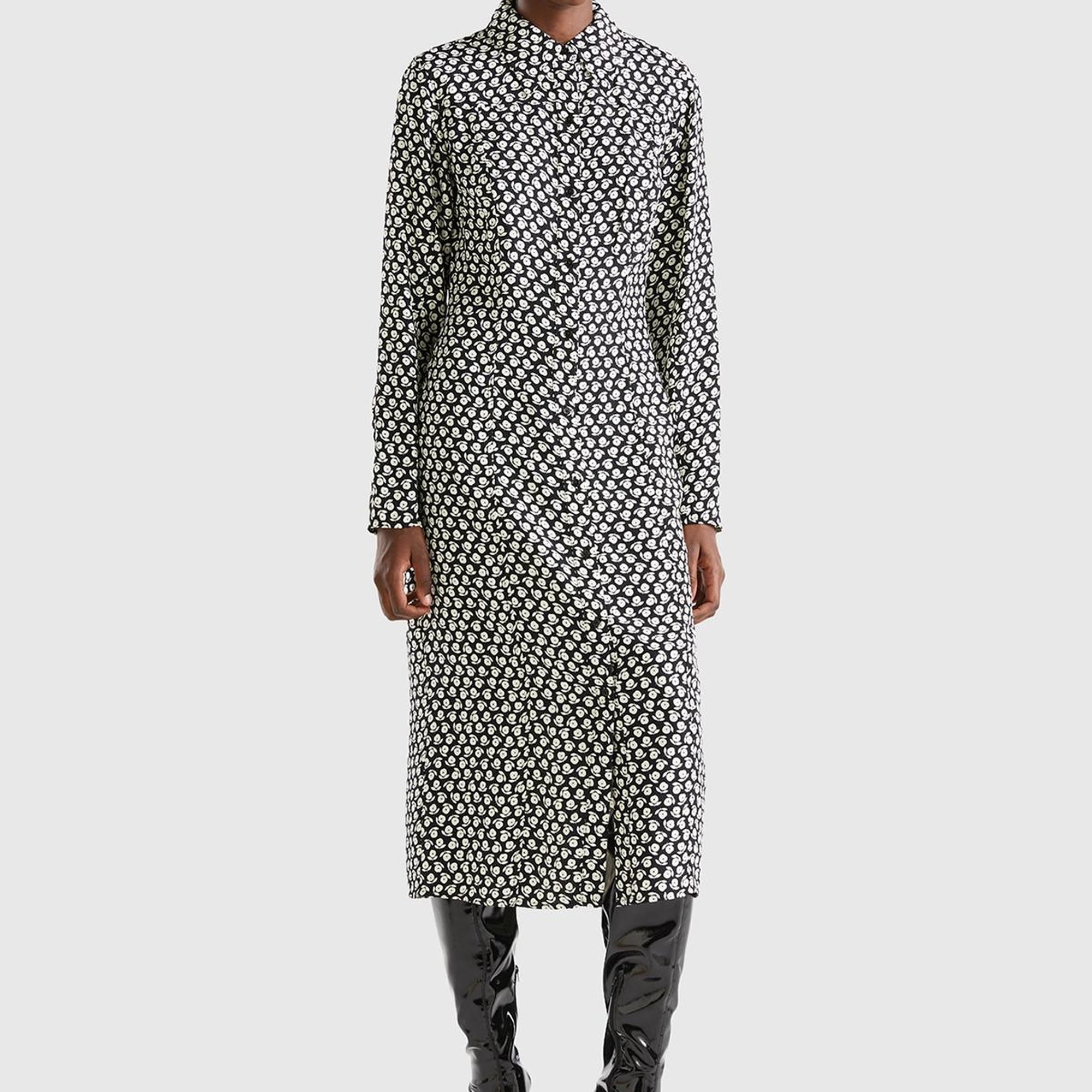 Kadın Lacivert %100 Viskoz Çiçek Desenli Gömlek Yaka Uzun Kollu Elbise