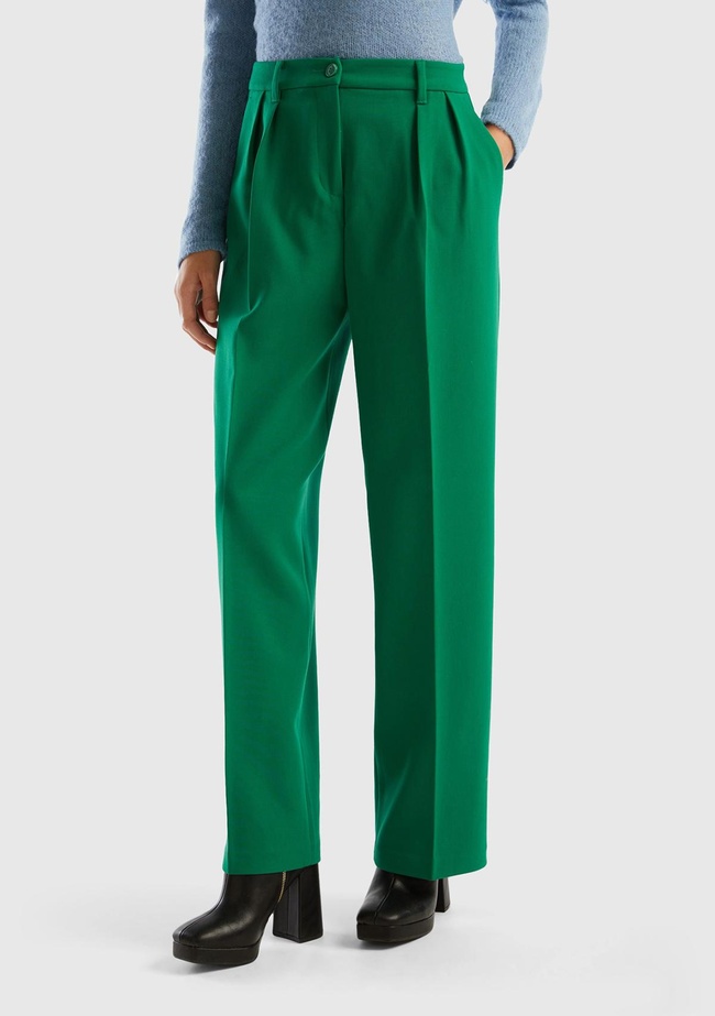  Kadın Yeşil Poliviskoz Bol Paça Pileli Pantolon