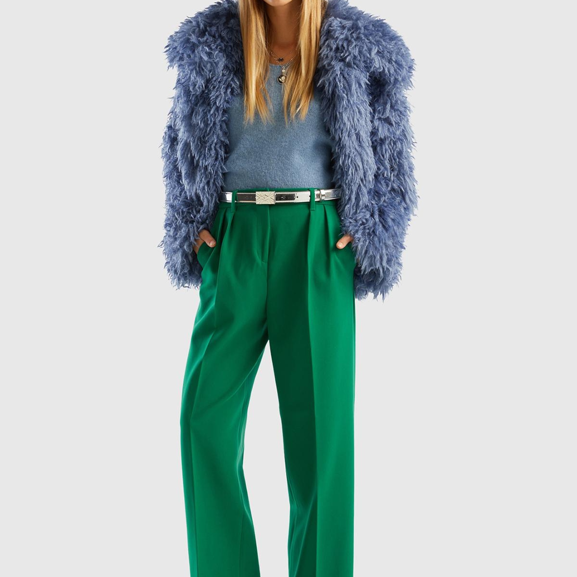 Kadın Yeşil Poliviskoz Bol Paça Pileli Pantolon