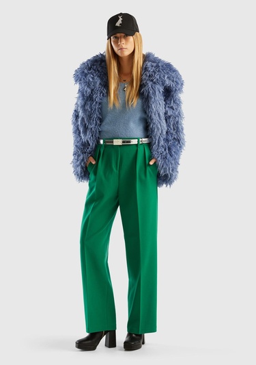  Kadın Yeşil Poliviskoz Bol Paça Pileli Pantolon