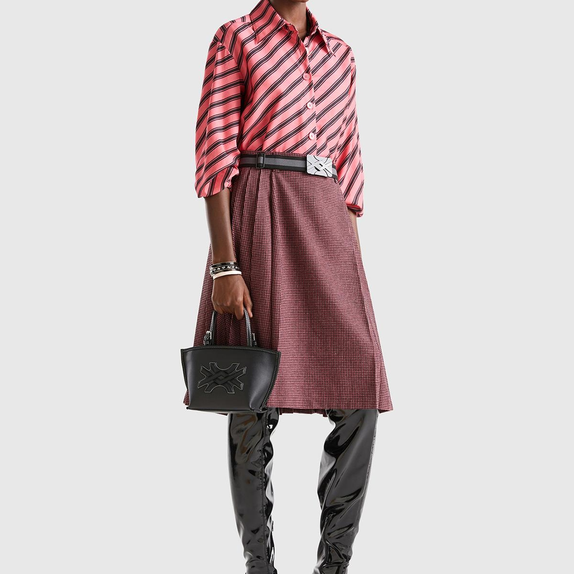 Kadın Pembe Mix Kazayağı Desenli Midi Boy Etek