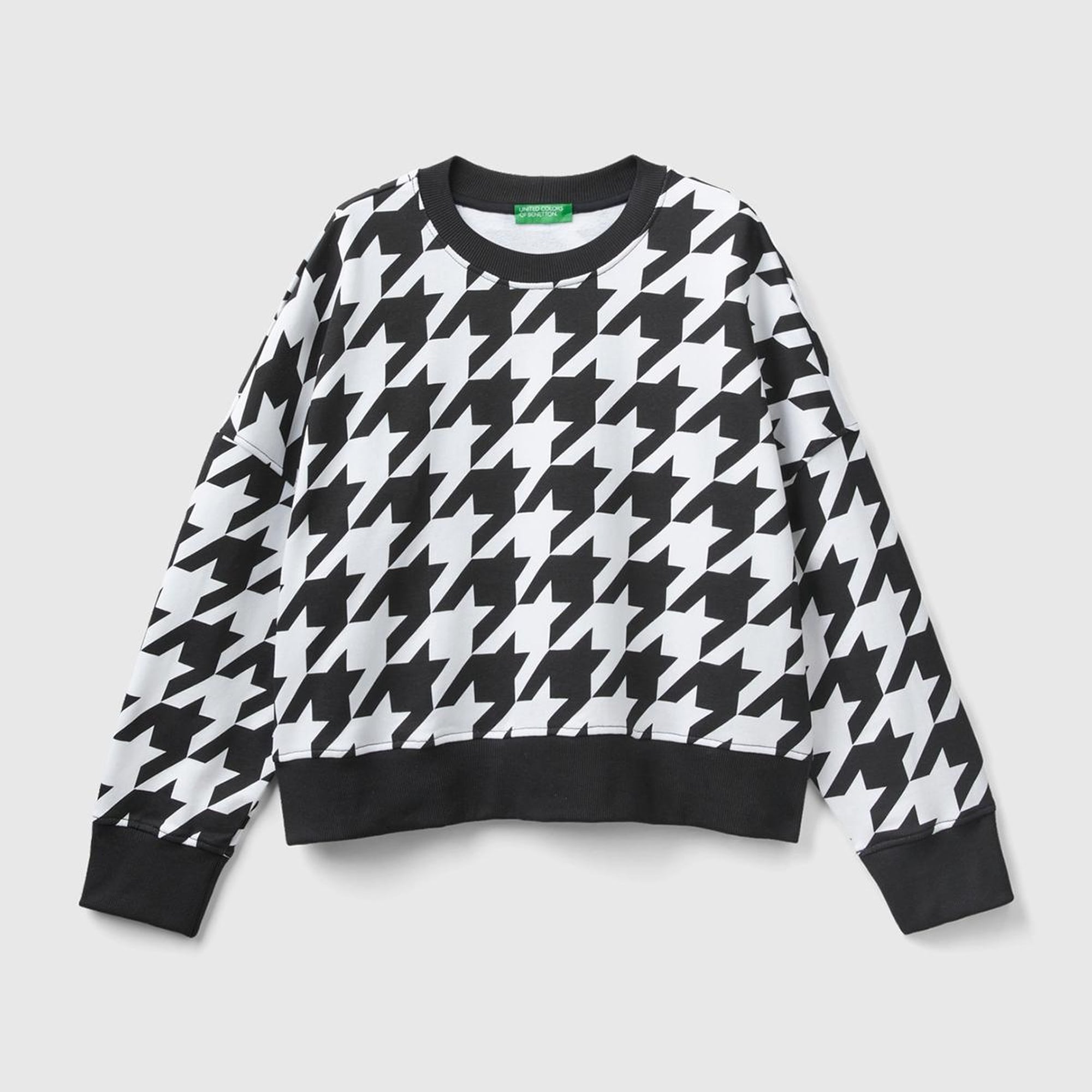 Kadın Siyah-Beyaz Kazayağı Desenli Boxy Fit Sweatshirt