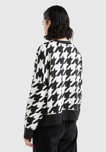  Kadın Siyah-Beyaz Kazayağı Desenli Boxy Fit Sweatshirt