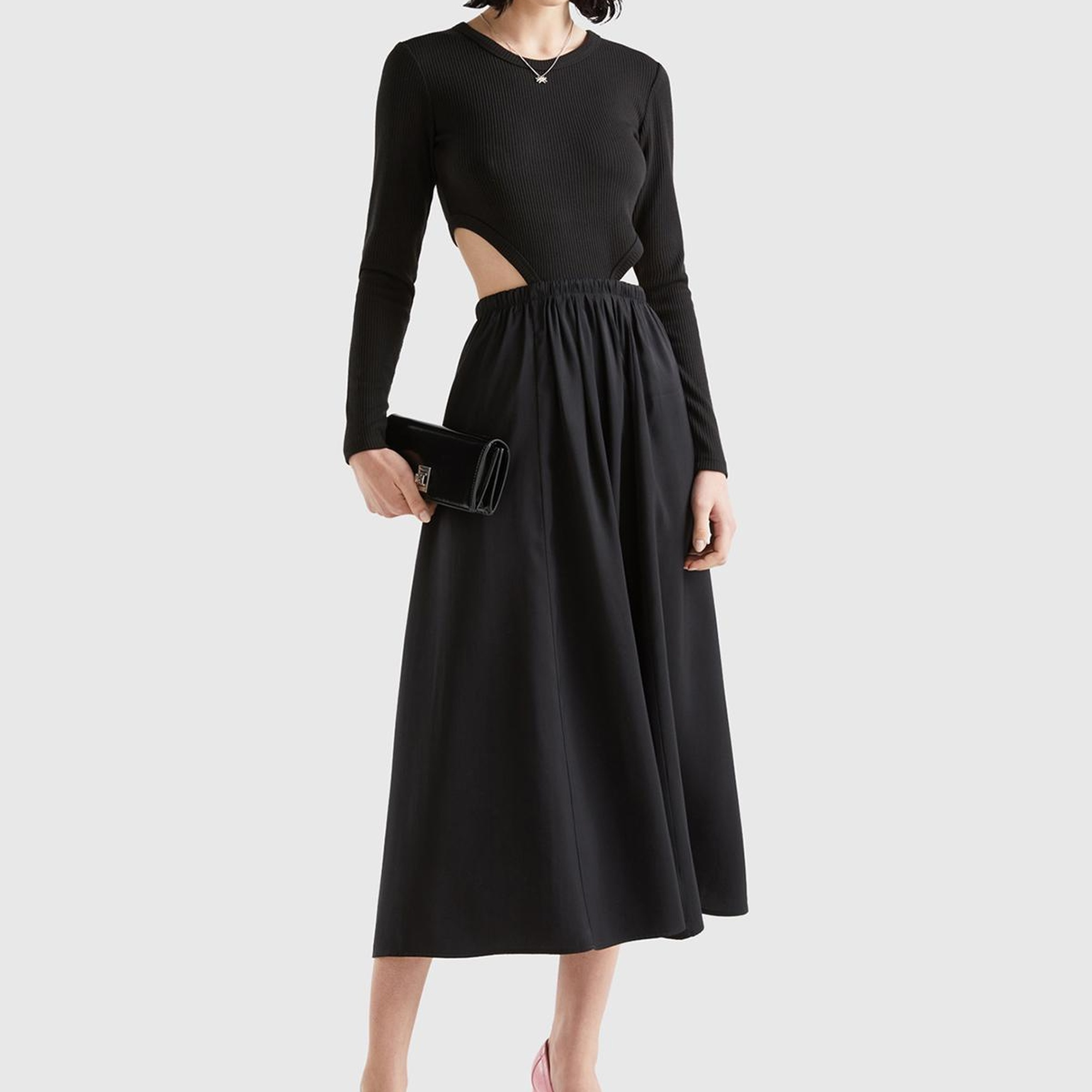 Kadın Siyah Viskoz Karışımlı Beli Açık Elbise