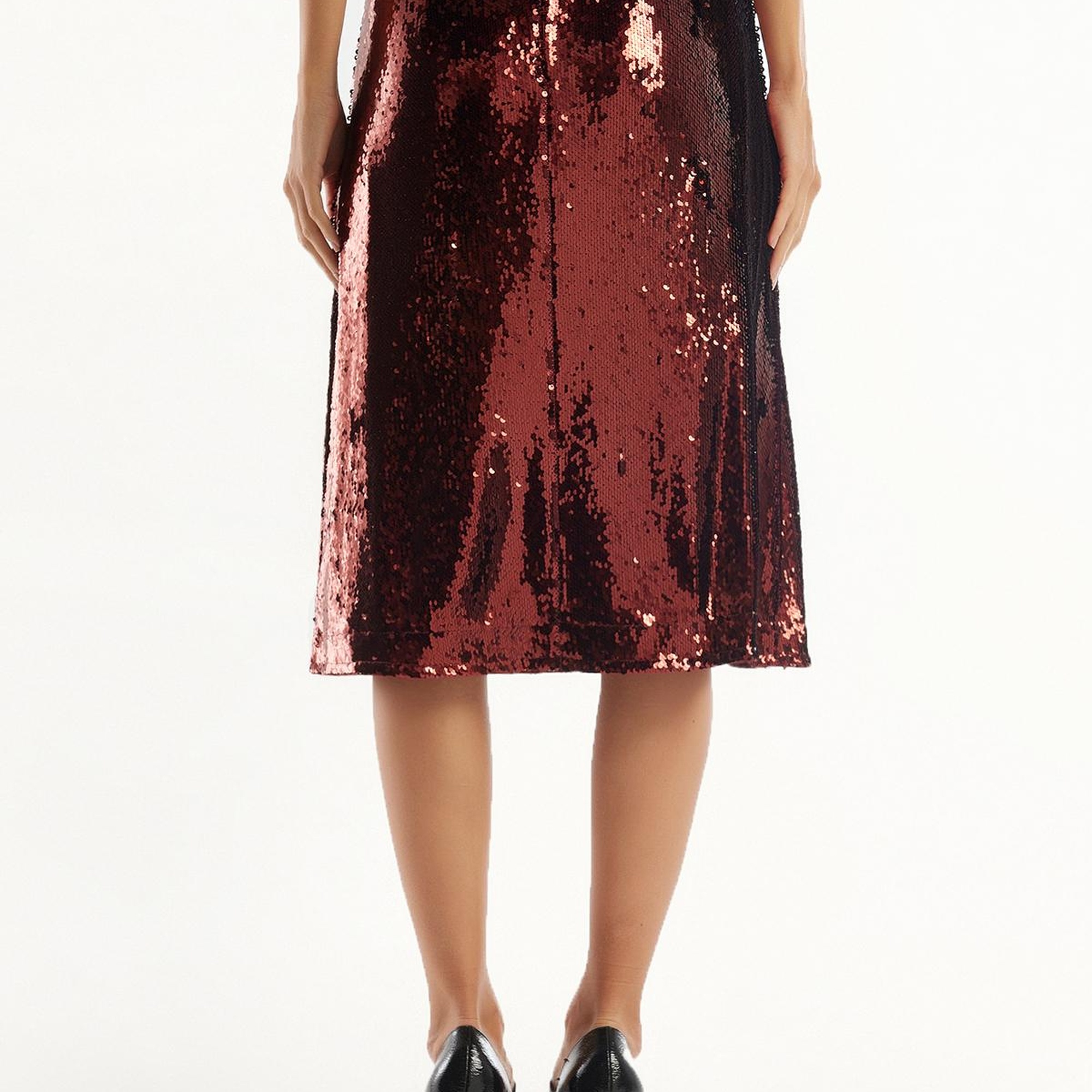 Kadın Gümüş Yandan Fermuarlı Astarlı Payetli Midi Boy Etek