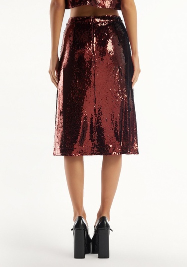  Kadın Gümüş Yandan Fermuarlı Astarlı Payetli Midi Boy Etek