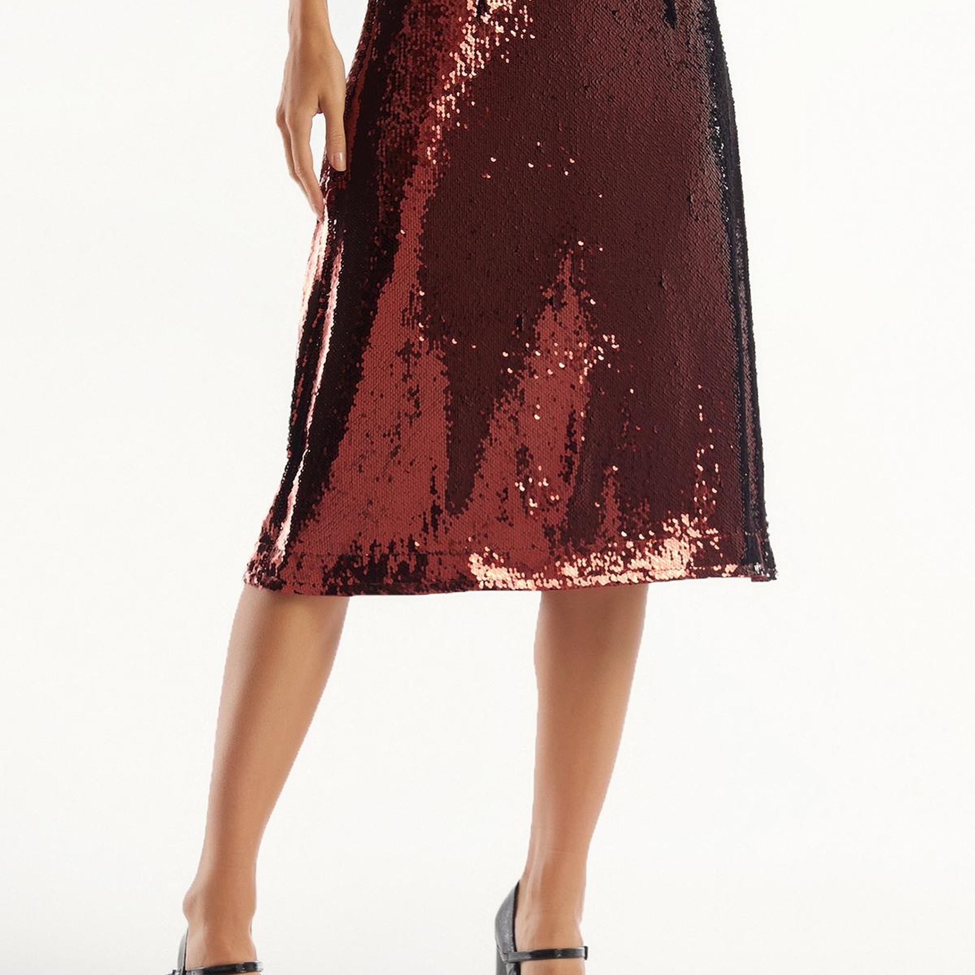 Kadın Gümüş Yandan Fermuarlı Astarlı Payetli Midi Boy Etek