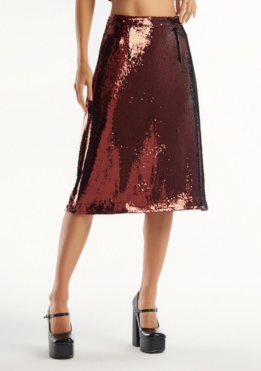  Kadın Gümüş Yandan Fermuarlı Astarlı Payetli Midi Boy Etek