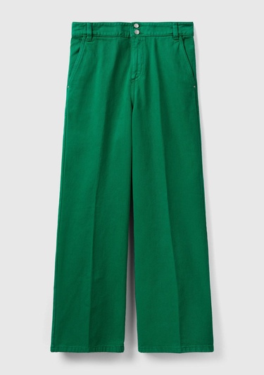  Kadın Yeşil Beli Lastikli Geniş Paça Denim Pantolon