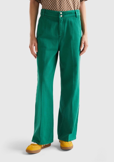  Kadın Yeşil Beli Lastikli Geniş Paça Denim Pantolon