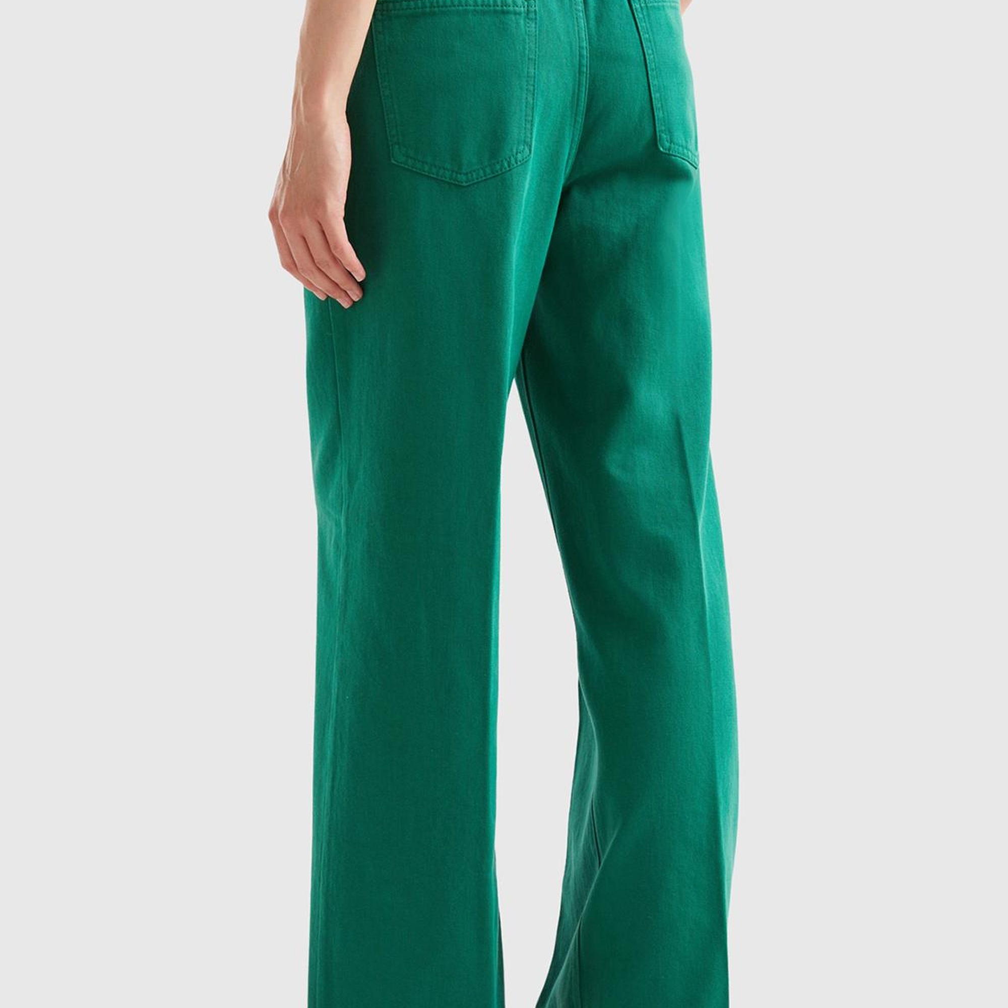 Kadın Yeşil Beli Lastikli Geniş Paça Denim Pantolon