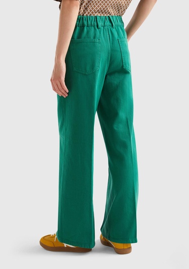  Kadın Yeşil Beli Lastikli Geniş Paça Denim Pantolon