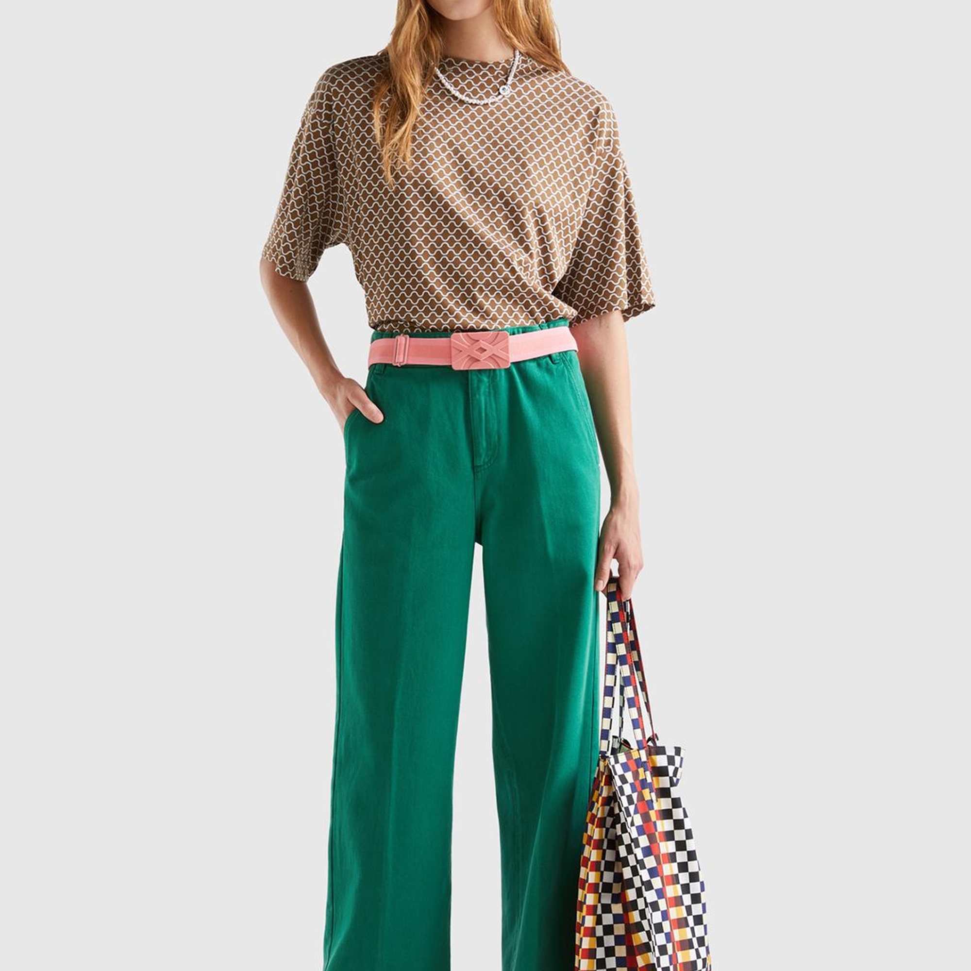 Kadın Yeşil Beli Lastikli Geniş Paça Denim Pantolon