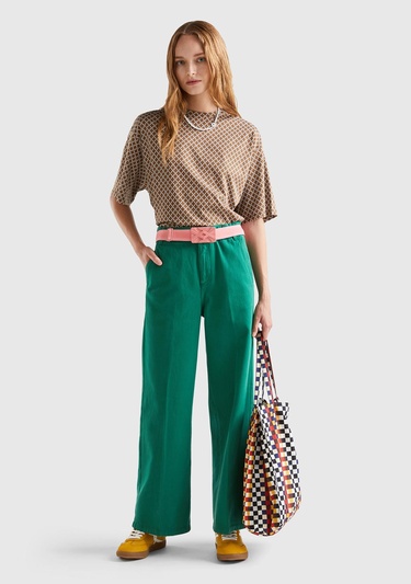  Kadın Yeşil Beli Lastikli Geniş Paça Denim Pantolon