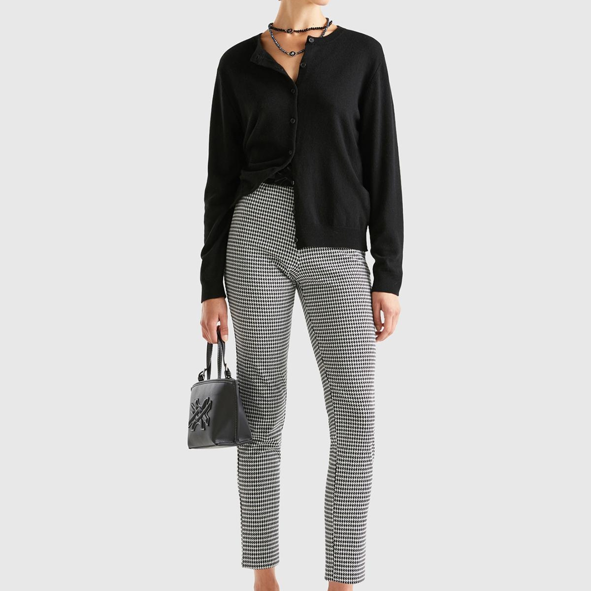 Kadın Siyah-Beyaz Poliviskoz Kazayağı Desneli Skiny Fit Pantolon