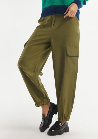  Kadın Zeytin Yeşili Bilekten Lastikli Kargo Pantolon