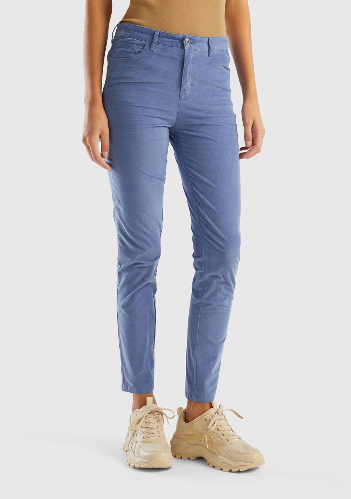  Kadın Havacı Mavi Slim Fit Kadife Pantolon