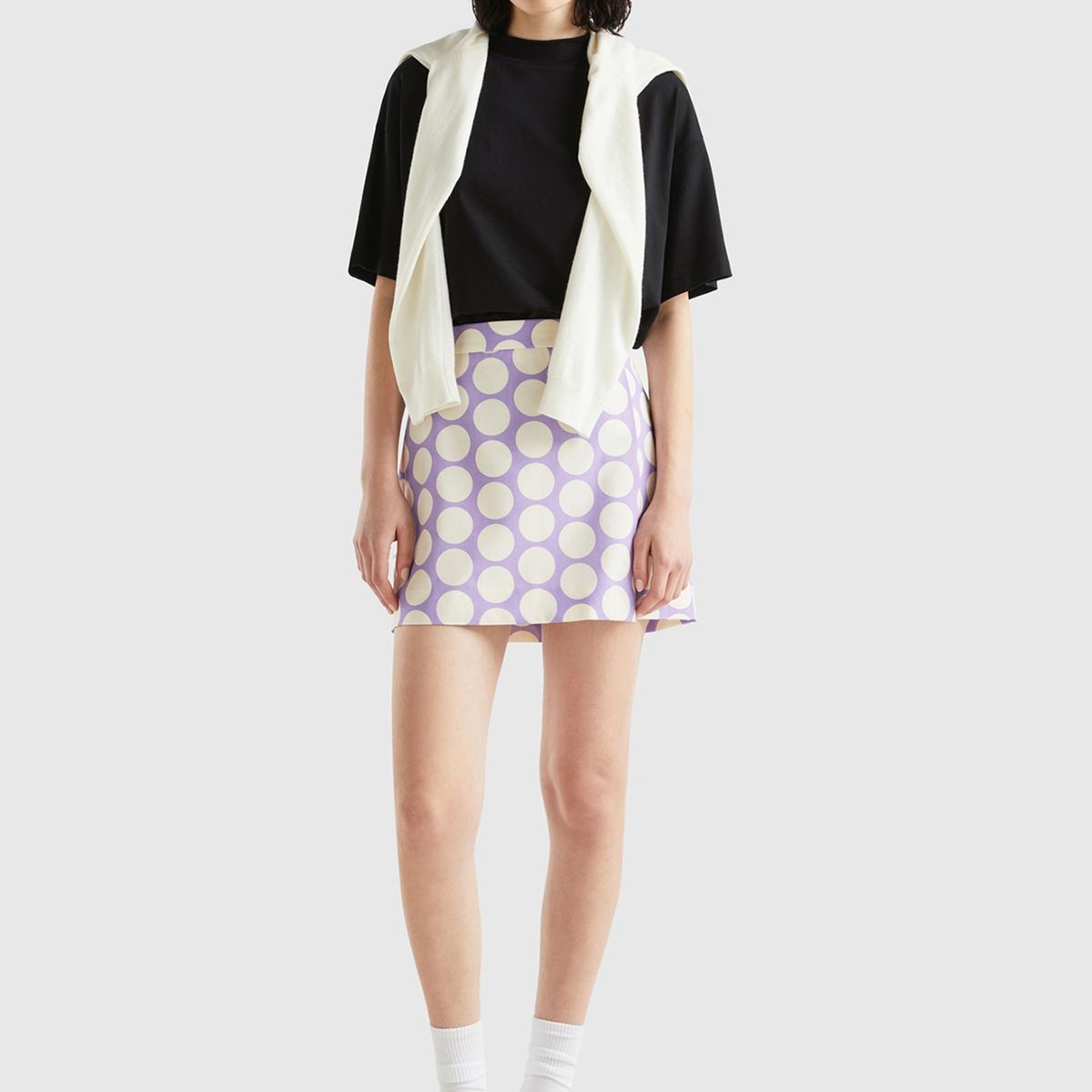 Kadın Lila Poliviskoz Puantiyeli Mini Etek