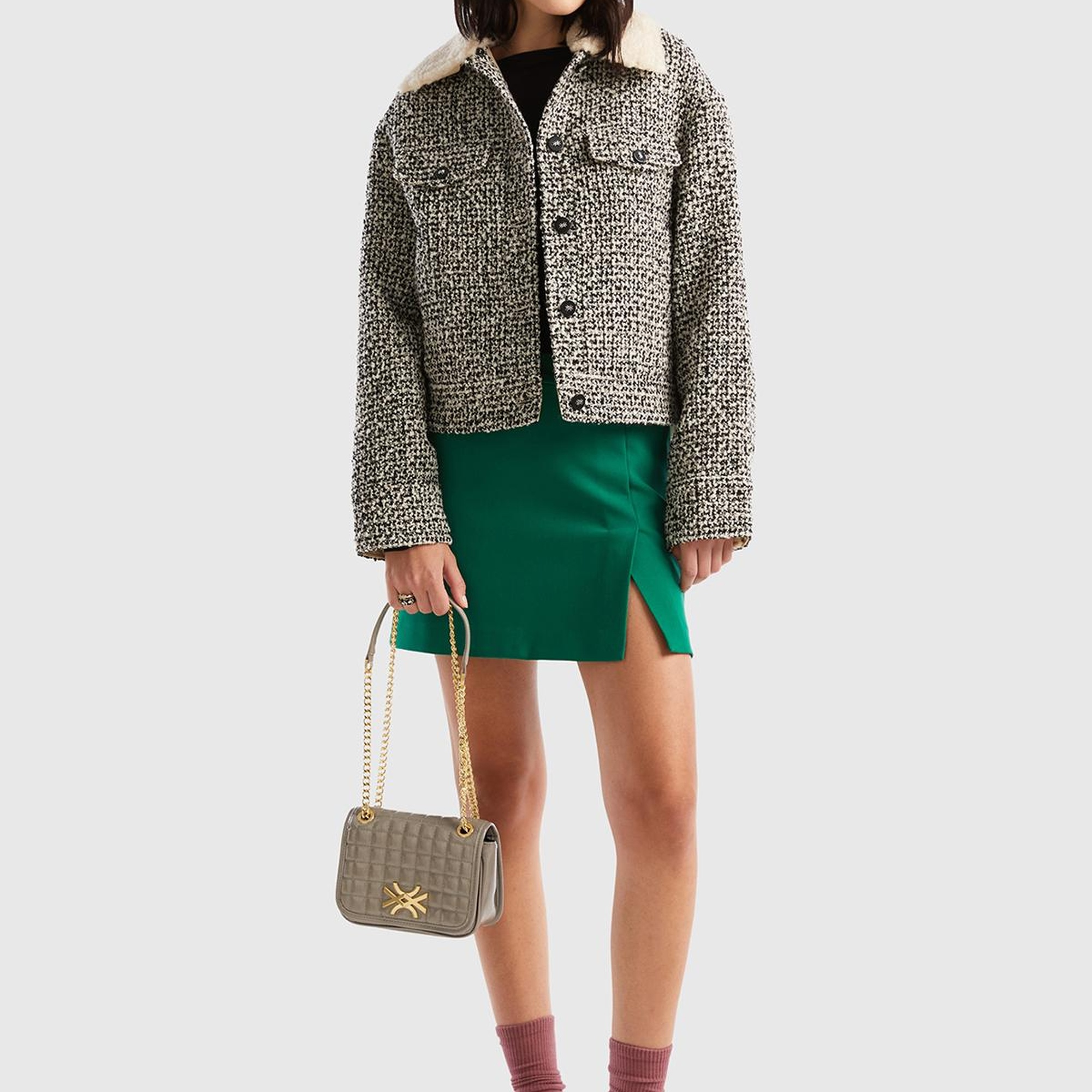 Kadın Yeşil Poliviskoz Yandan Fermuarlı Mini Etek