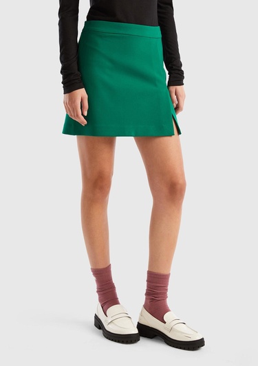  Kadın Yeşil Poliviskoz Yandan Fermuarlı Mini Etek