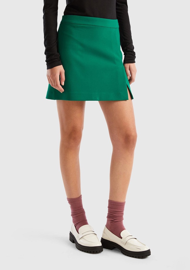  Kadın Yeşil Poliviskoz Yandan Fermuarlı Mini Etek